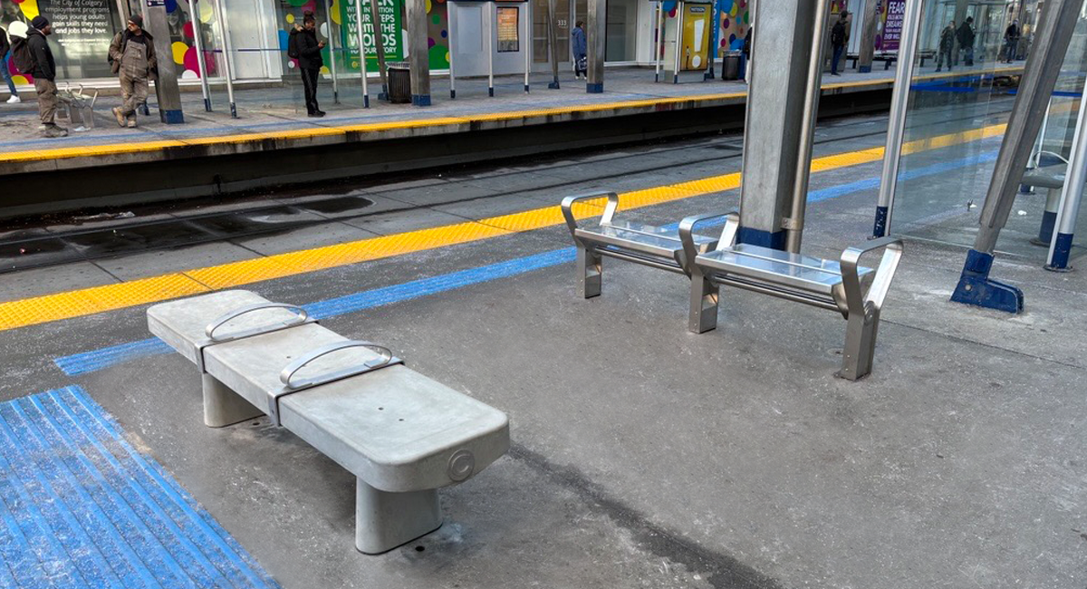 A concrete and a stainless steel bench for the bus bench pilot